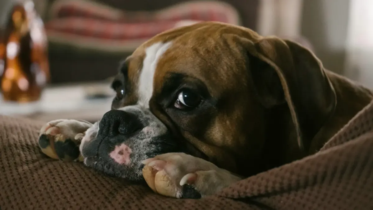 A dog lying calmly on a rug near a plug-in diffuser in a home living room