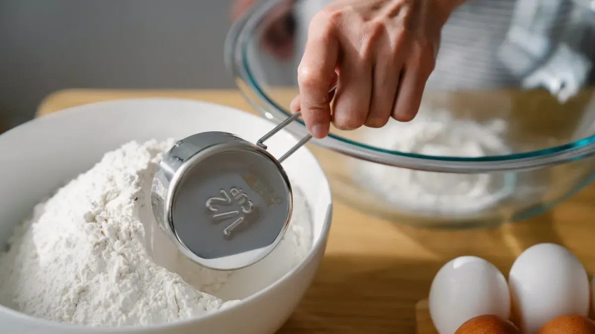 A dog owner spooning supplement powder over kibble in a stainless steel bowl